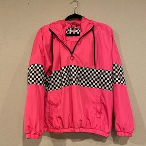 Orange Kiss pink checkered wind breaker with hood